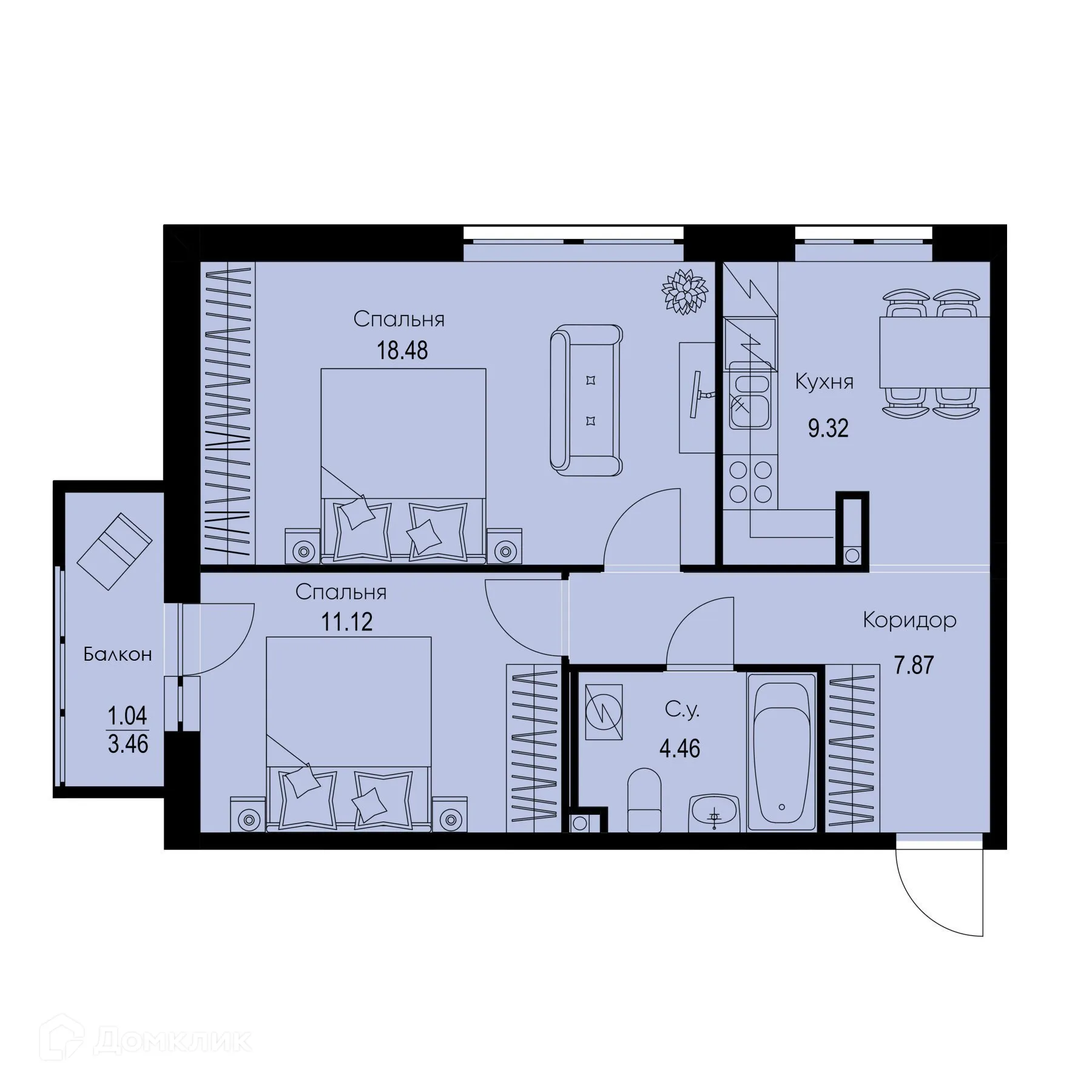 Планировка 2-комнатной квартиры 52.29 м² в ЖК ID Kudrovo II (Айди Кудрово II), г. Санкт-Петербург — фото 1