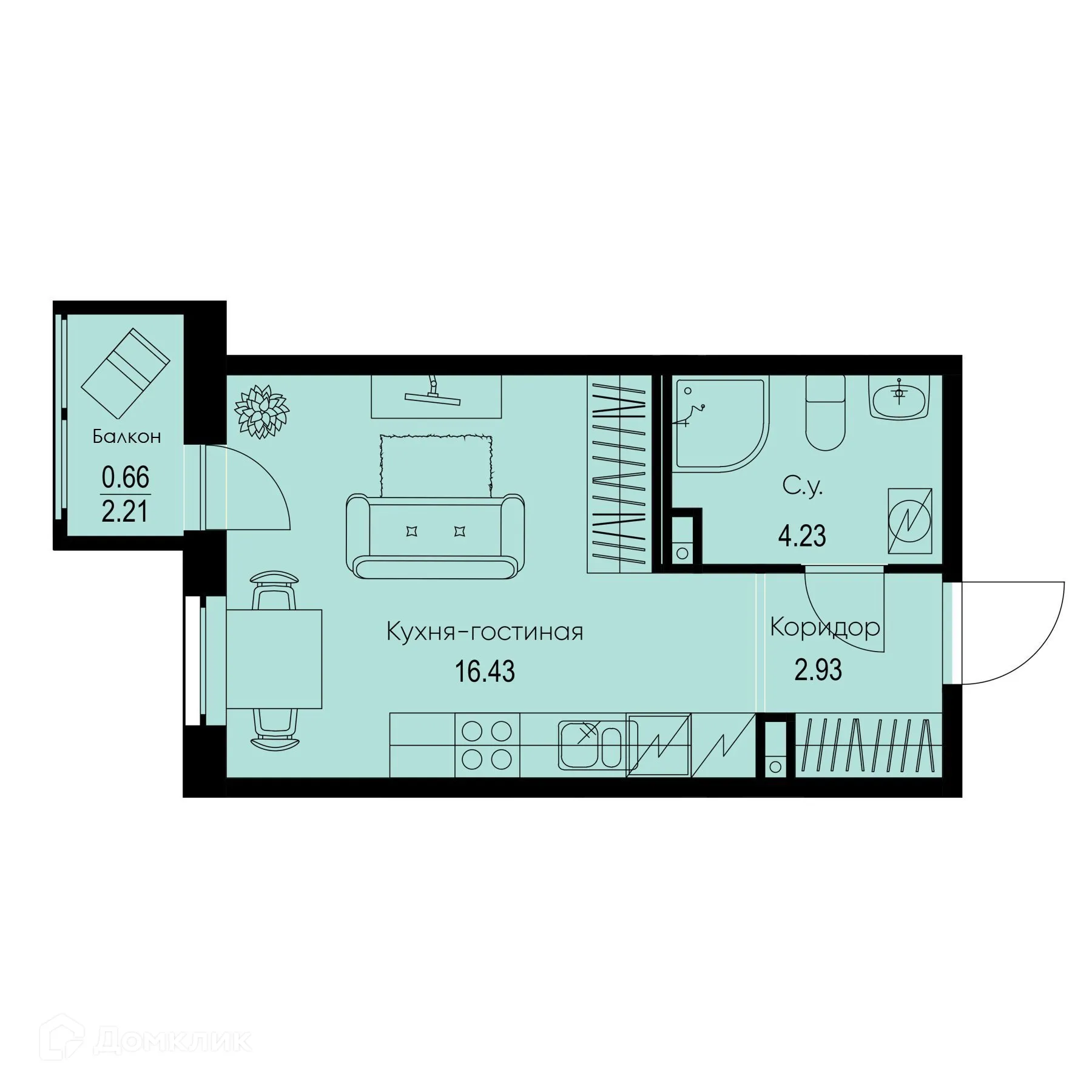 Планировка студии квартиры 24.25 м² в ЖК ID Kudrovo II (Айди Кудрово II), г. Санкт-Петербург — фото 1