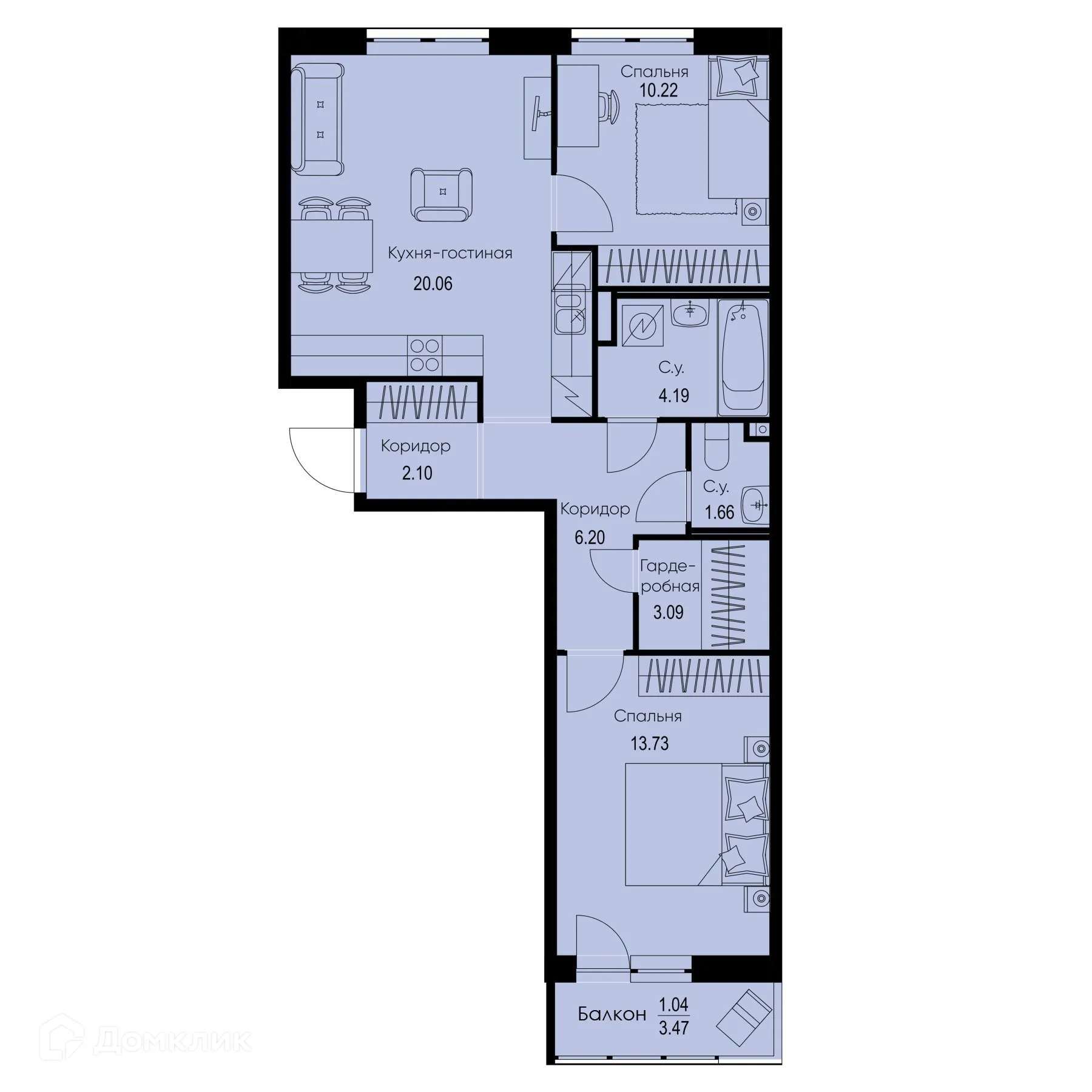 Планировка 2-комнатной квартиры 62.29 м² в ЖК ID Kudrovo II (Айди Кудрово II), г. Санкт-Петербург — фото 1