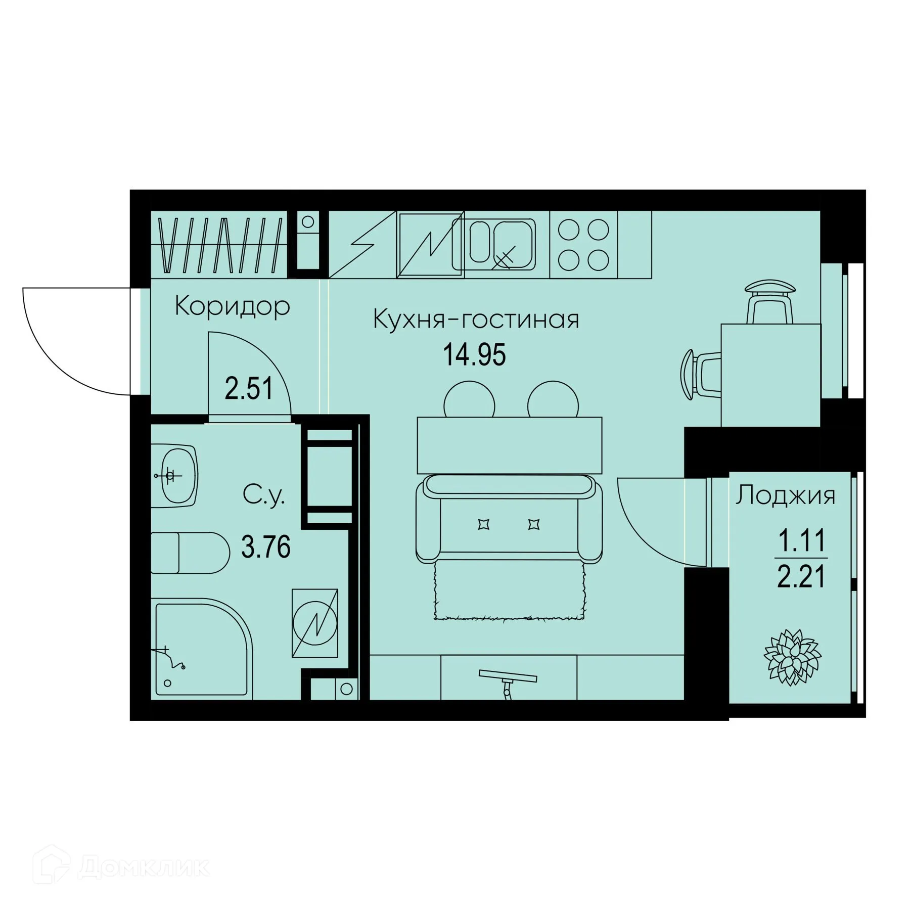 Планировка студии квартиры 22.33 м² в ЖК ID Kudrovo II (Айди Кудрово II), г. Санкт-Петербург — фото 1