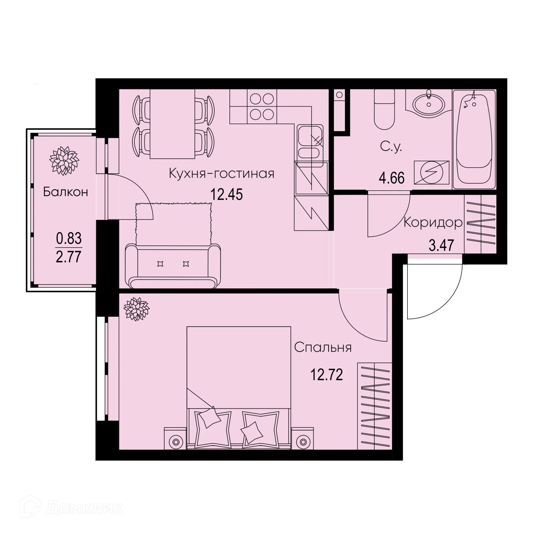 Планировка 1-комнатной квартиры 34.13 м² в ЖК ID Kudrovo II (Айди Кудрово II), г. Санкт-Петербург — фото 1