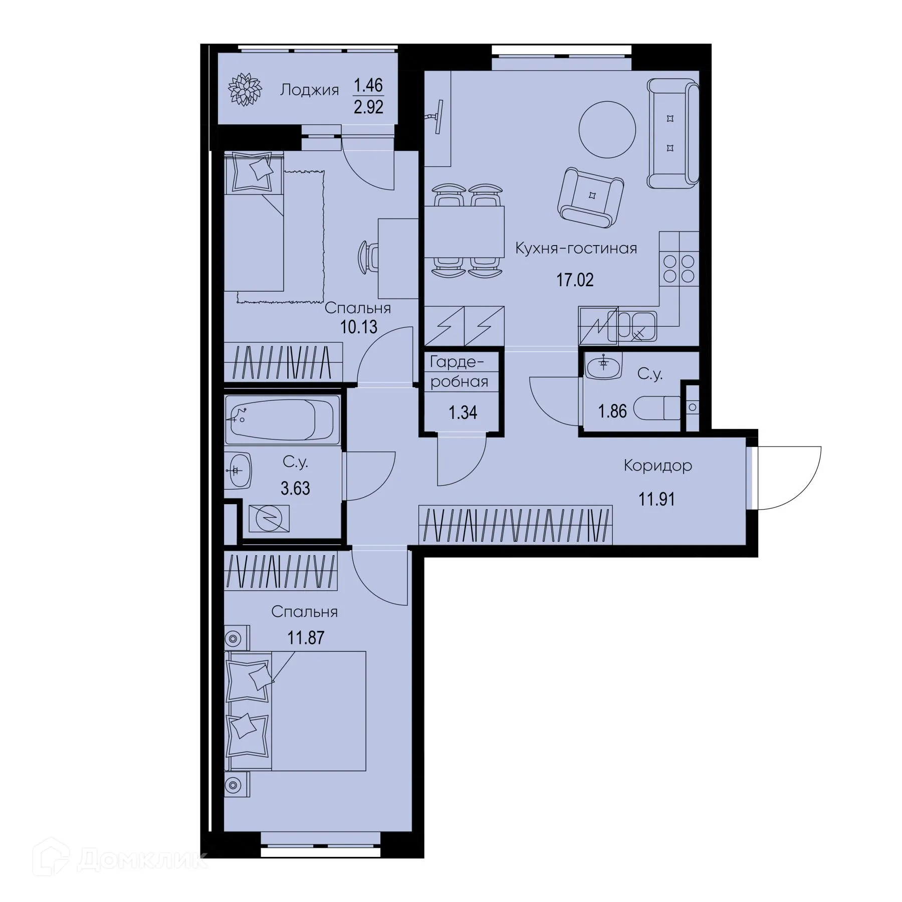 Планировка 2-комнатной квартиры 59.22 м² в ЖК ID Kudrovo II (Айди Кудрово II), г. Санкт-Петербург — фото 1
