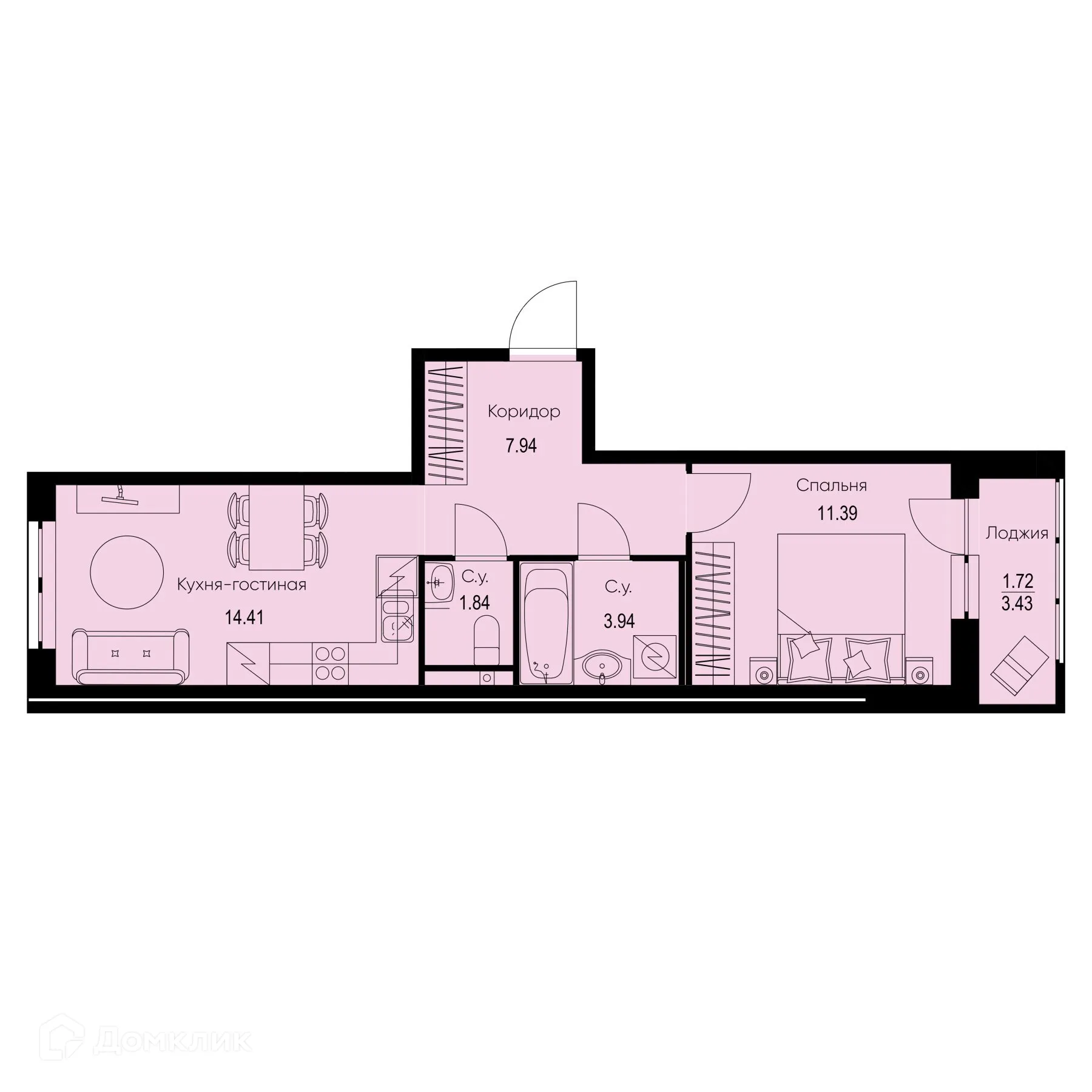 Планировка 1-комнатной квартиры 41.24 м² в ЖК ID Kudrovo II (Айди Кудрово II), г. Санкт-Петербург — фото 1