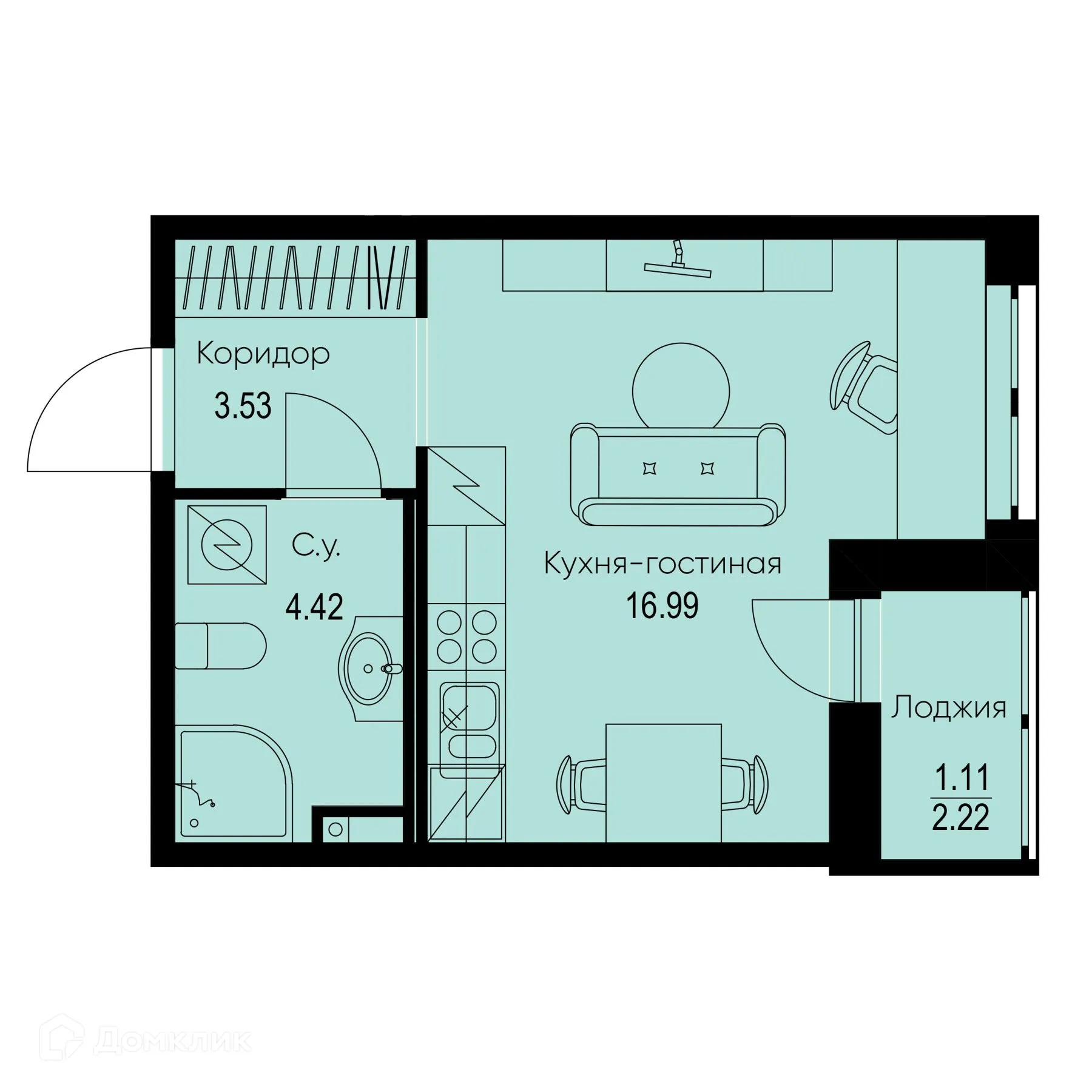 Планировка студии квартиры 26.05 м² в ЖК ID Kudrovo II (Айди Кудрово II), г. Санкт-Петербург — фото 1