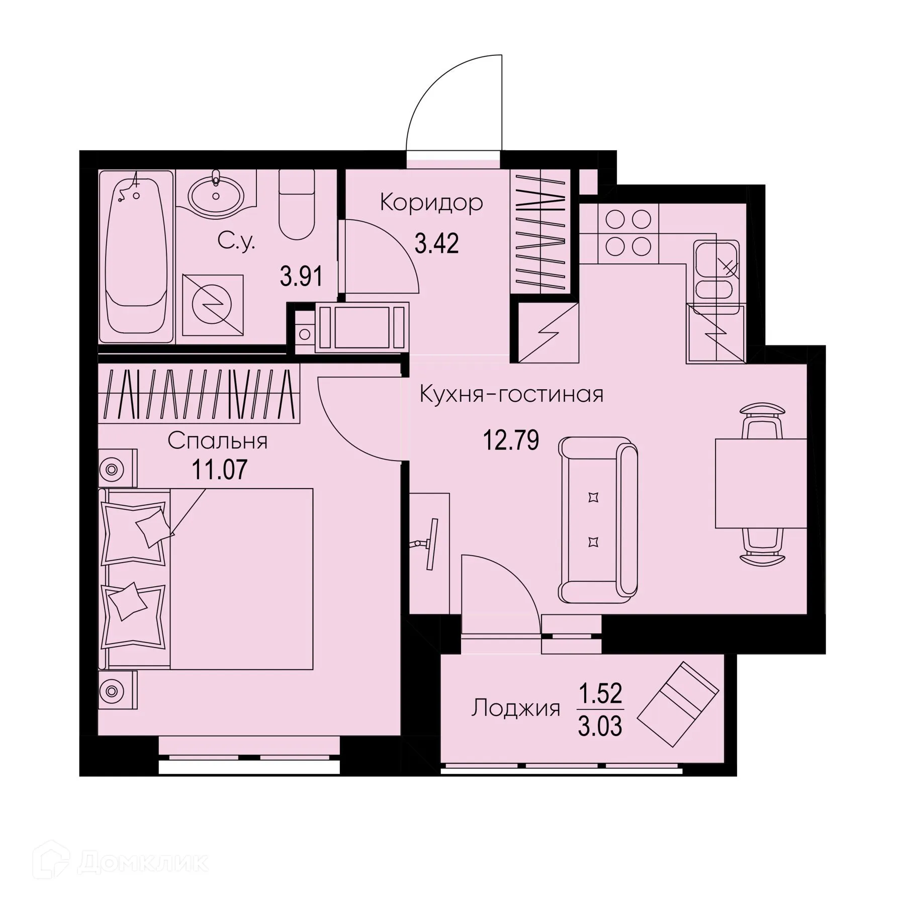 Планировка 1-комнатной квартиры 32.71 м² в ЖК ID Kudrovo II (Айди Кудрово II), г. Санкт-Петербург — фото 1