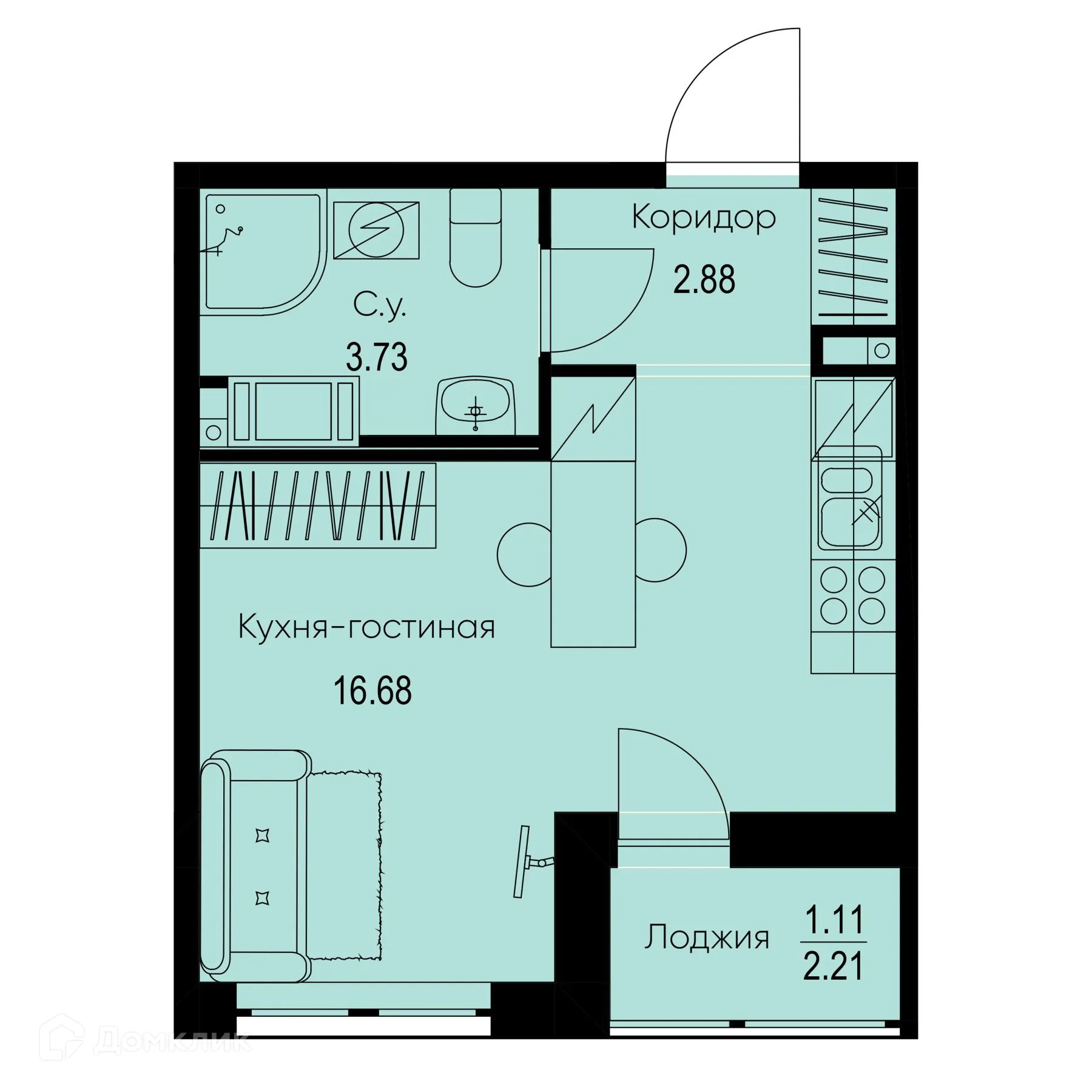 Планировка студии квартиры 24.4 м² в ЖК ID Kudrovo II (Айди Кудрово II), г. Санкт-Петербург — фото 1