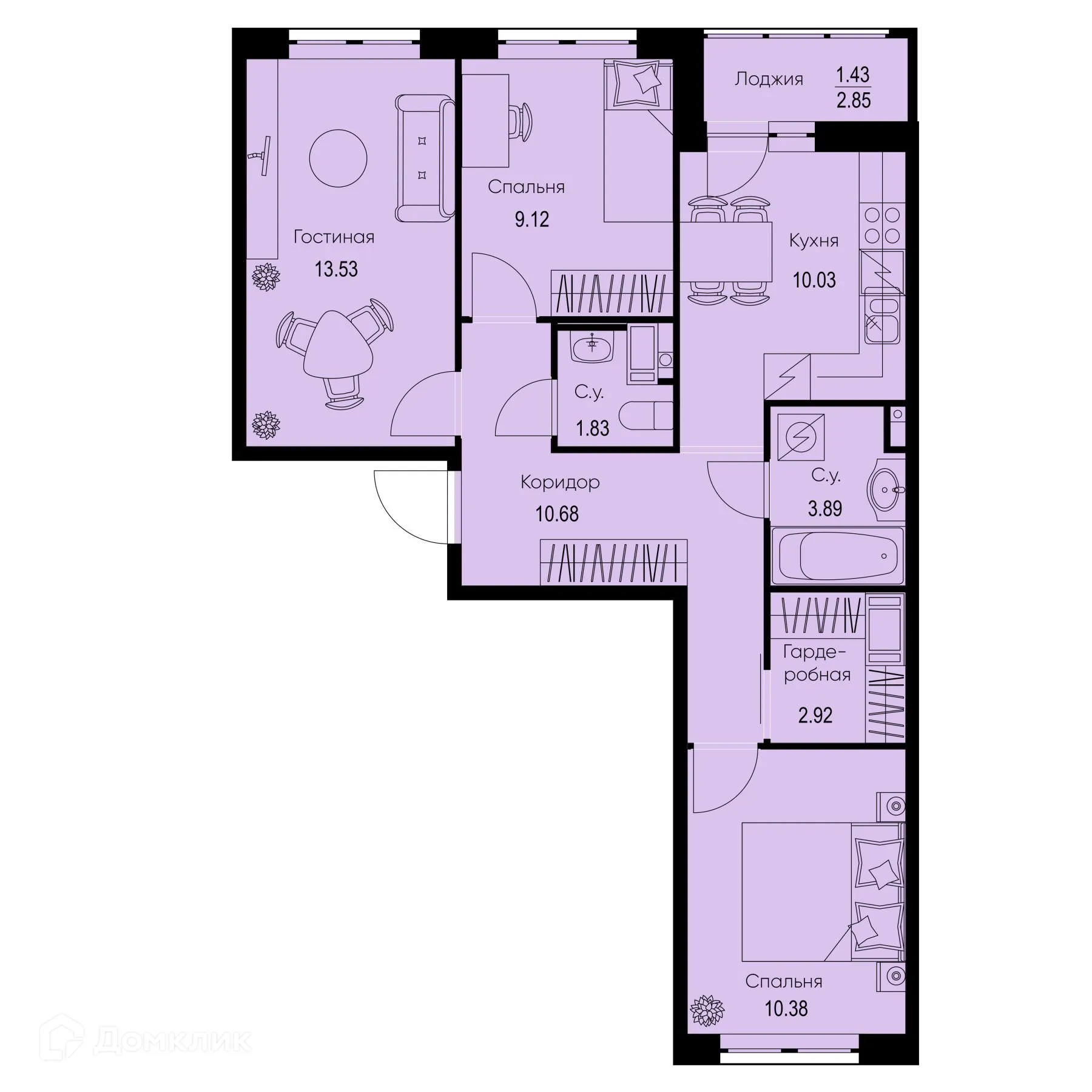 Планировка 3-комнатной квартиры 63.81 м² в ЖК ID Kudrovo II (Айди Кудрово II), г. Санкт-Петербург — фото 1