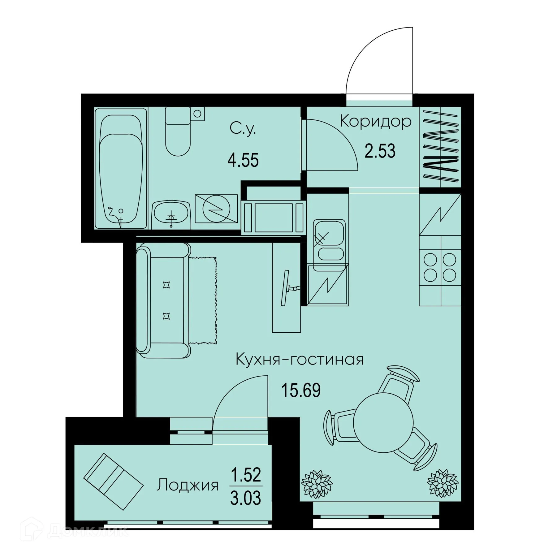 Планировка студии квартиры 24.29 м² в ЖК ID Kudrovo II (Айди Кудрово II), г. Санкт-Петербург — фото 1
