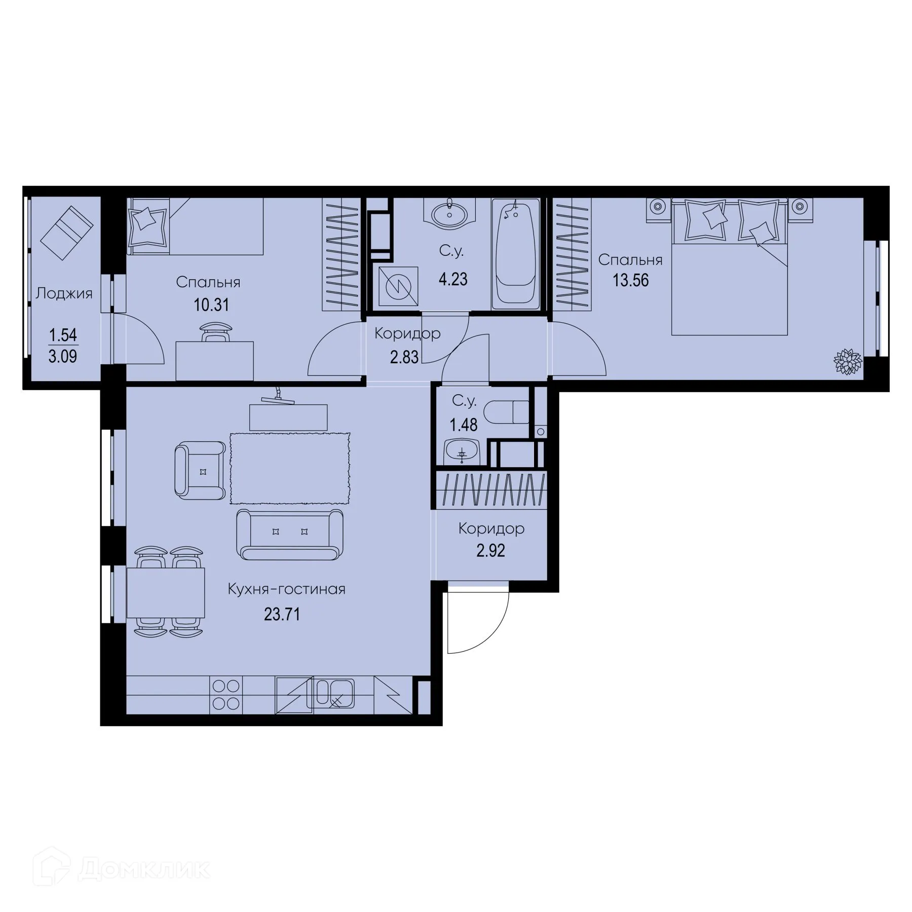 Планировка 2-комнатной квартиры 60.58 м² в ЖК ID Kudrovo II (Айди Кудрово II), г. Санкт-Петербург — фото 1