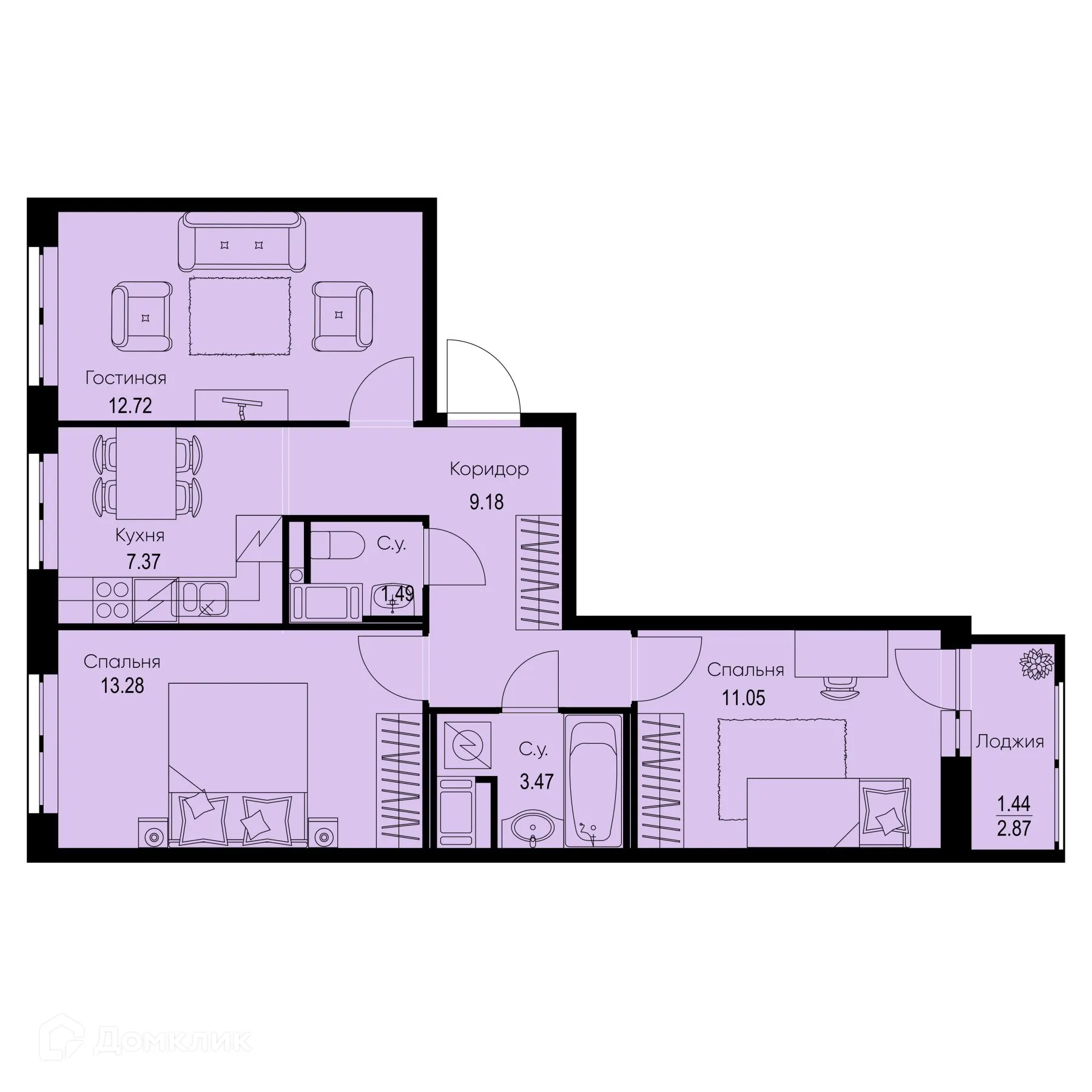 Планировка 3-комнатной квартиры 60 м² в ЖК ID Kudrovo II (Айди Кудрово II), г. Санкт-Петербург — фото 1
