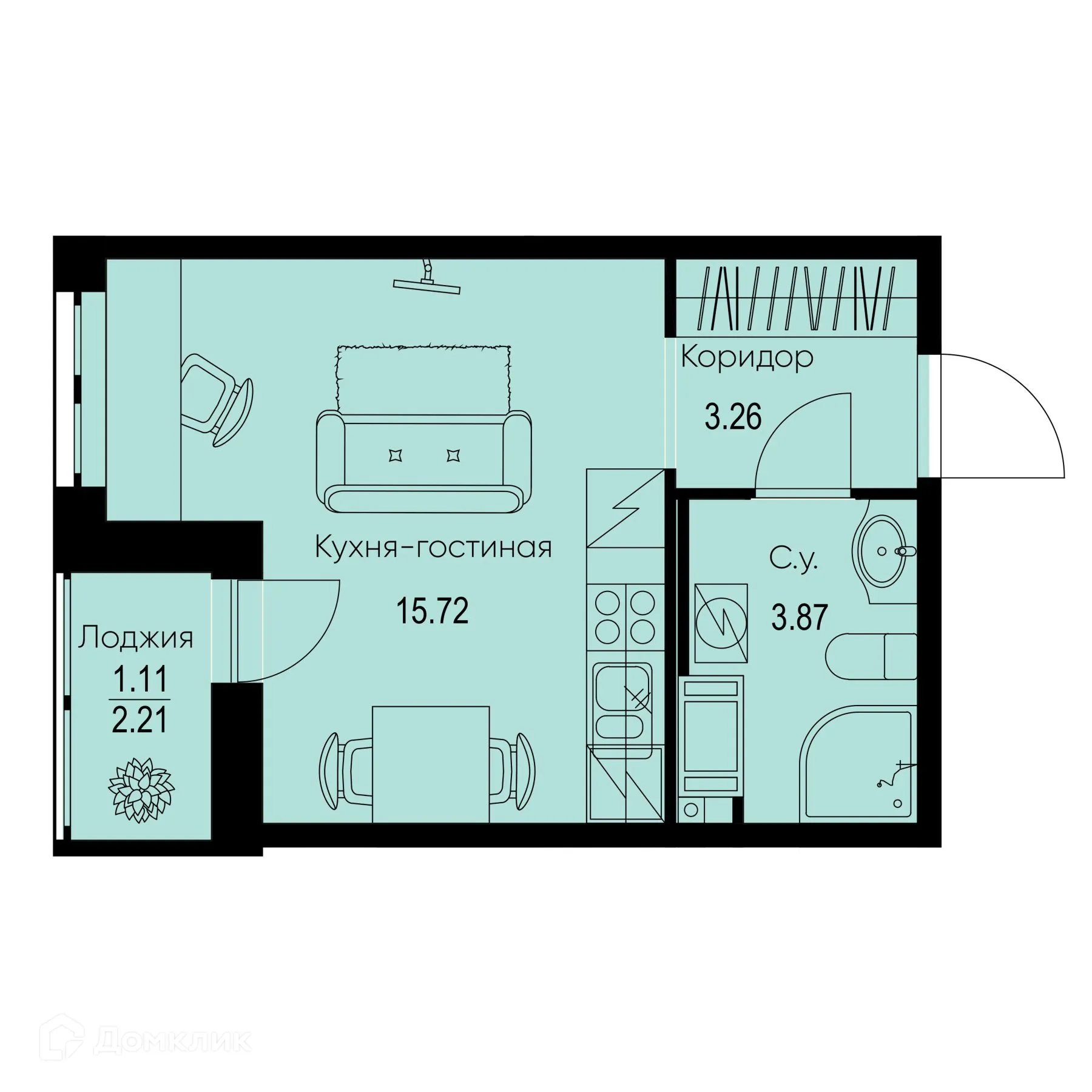Планировка студии квартиры 23.96 м² в ЖК ID Kudrovo II (Айди Кудрово II), г. Санкт-Петербург — фото 1