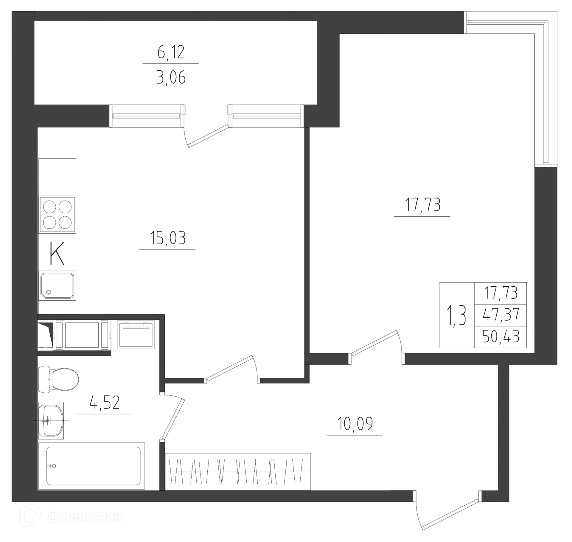 Планировка 2-комнатной квартиры 50.43 м² в ЖК Новикола, г. Санкт-Петербург — фото 1