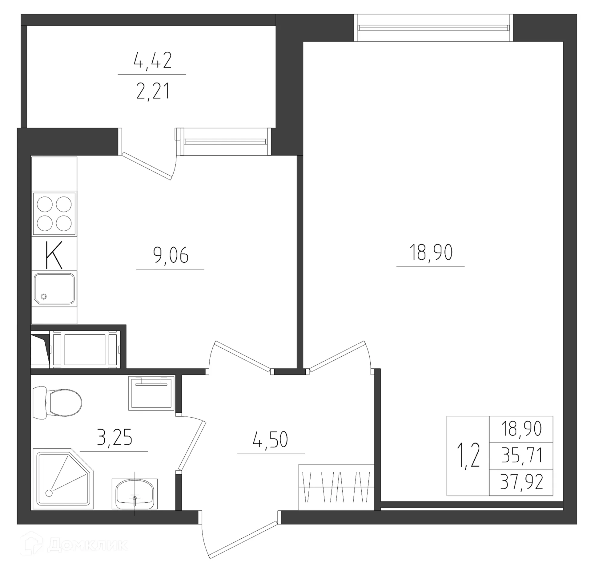 Планировка 1-комнатной квартиры 37.92 м² в ЖК Новикола, г. Санкт-Петербург — фото 1