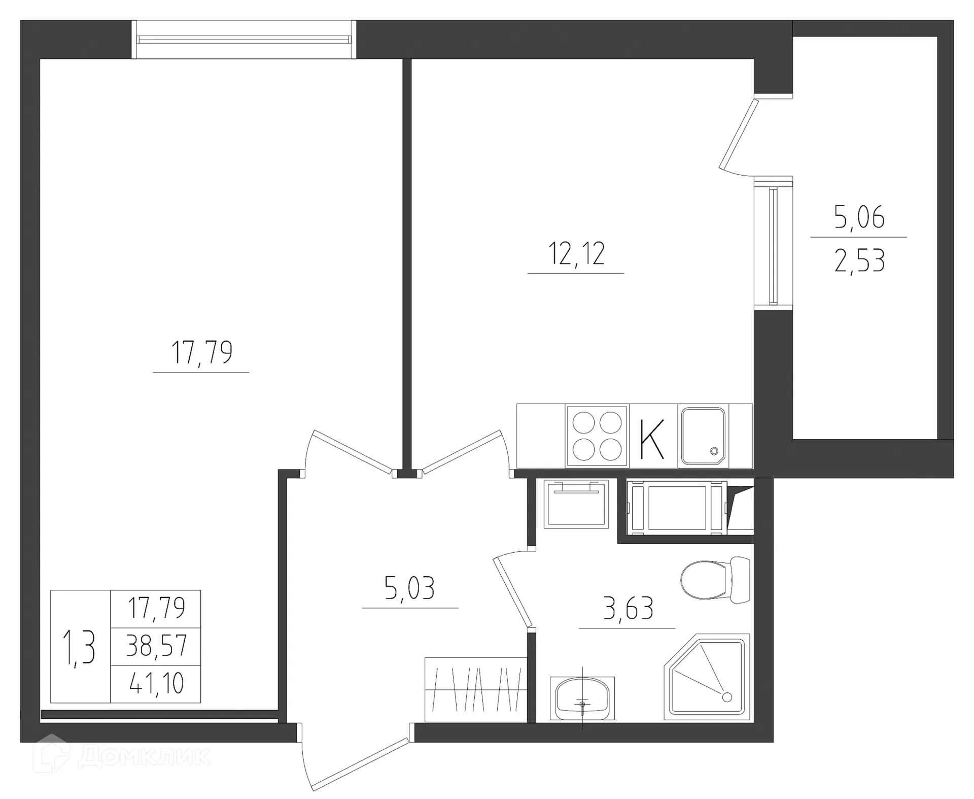 Планировка 1-комнатной квартиры 41.1 м² в ЖК Новикола, г. Санкт-Петербург — фото 1