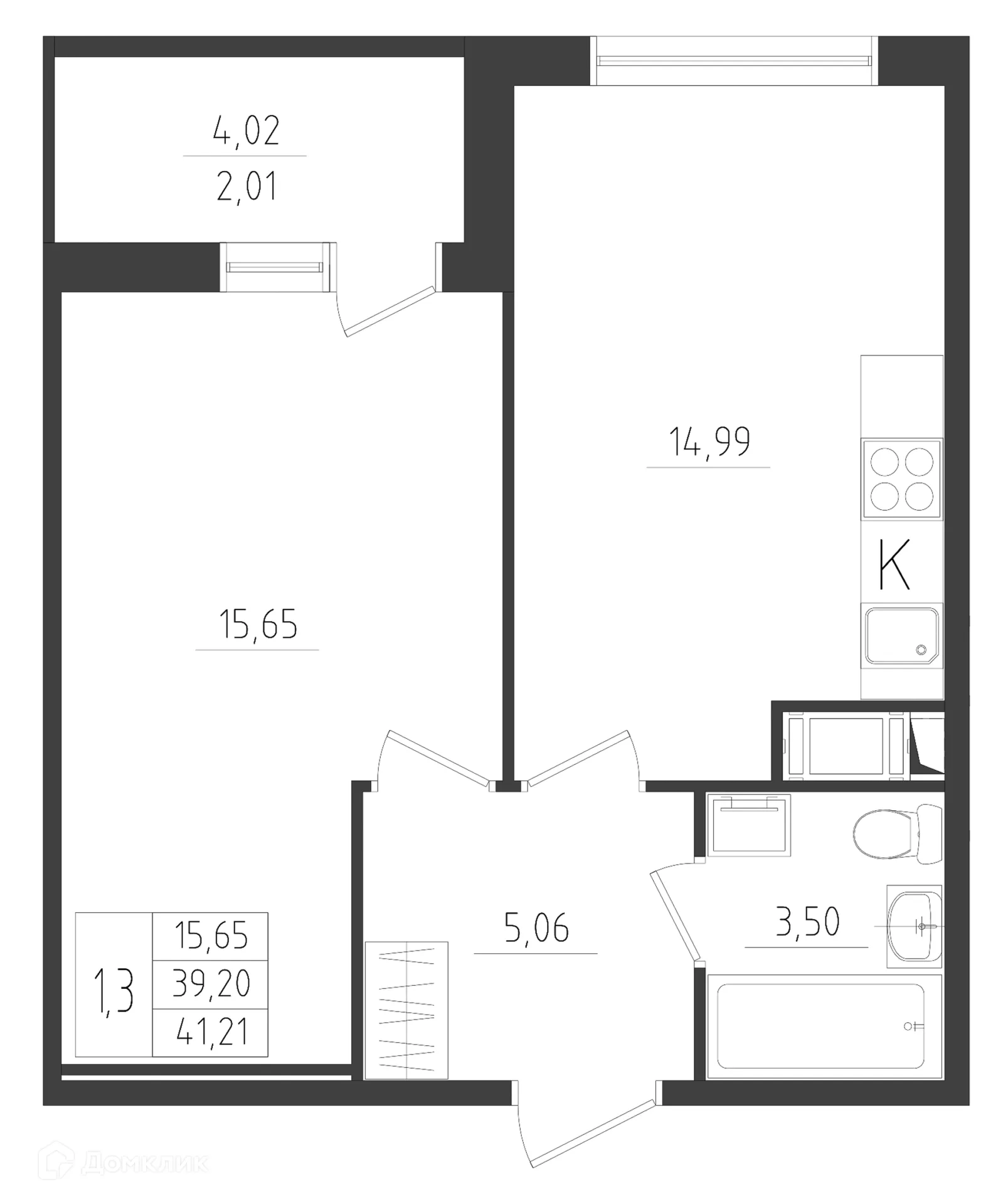 Планировка 2-комнатной квартиры 41.21 м² в ЖК Новикола, г. Санкт-Петербург — фото 1
