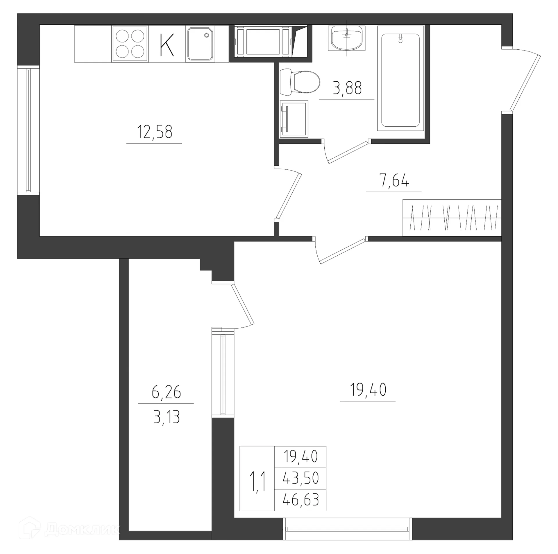 Планировка 1-комнатной квартиры 46.63 м² в ЖК Новикола, г. Санкт-Петербург — фото 1