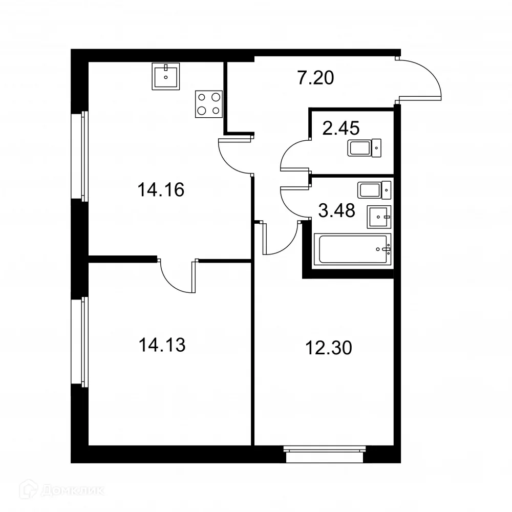 Планировка 2-комнатной квартиры 53.72 м² в ЖК Квартал Заречье, г. Санкт-Петербург — фото 1