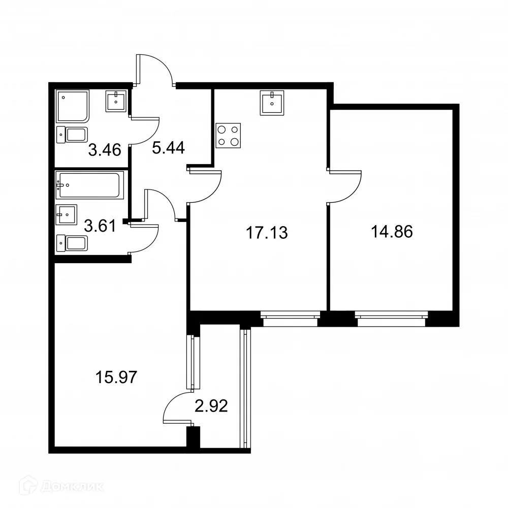 Планировка 2-комнатной квартиры 61.93 м² в ЖК Квартал Заречье, г. Санкт-Петербург — фото 1