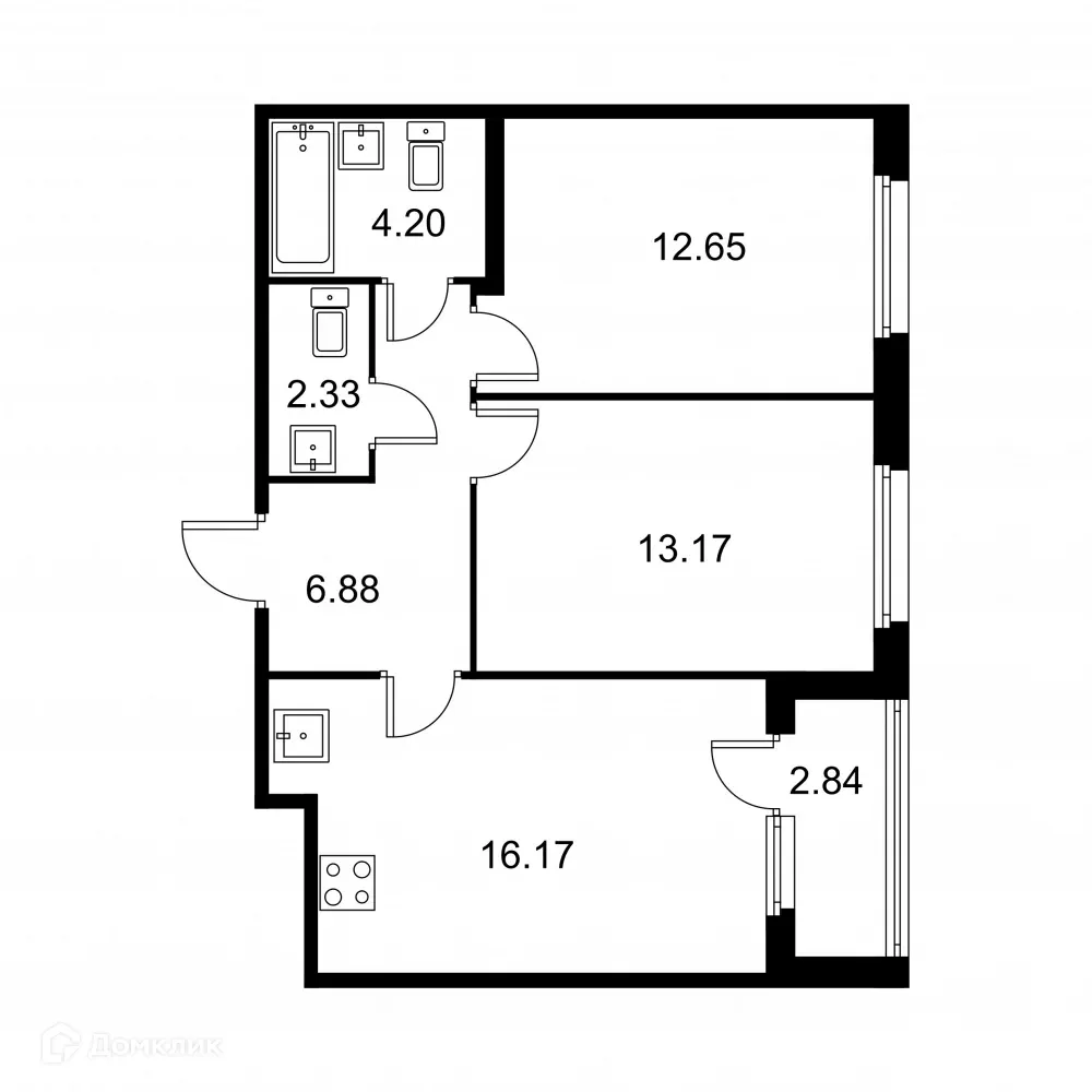 Планировка 2-комнатной квартиры 56.82 м² в ЖК Квартал Заречье, г. Санкт-Петербург — фото 1