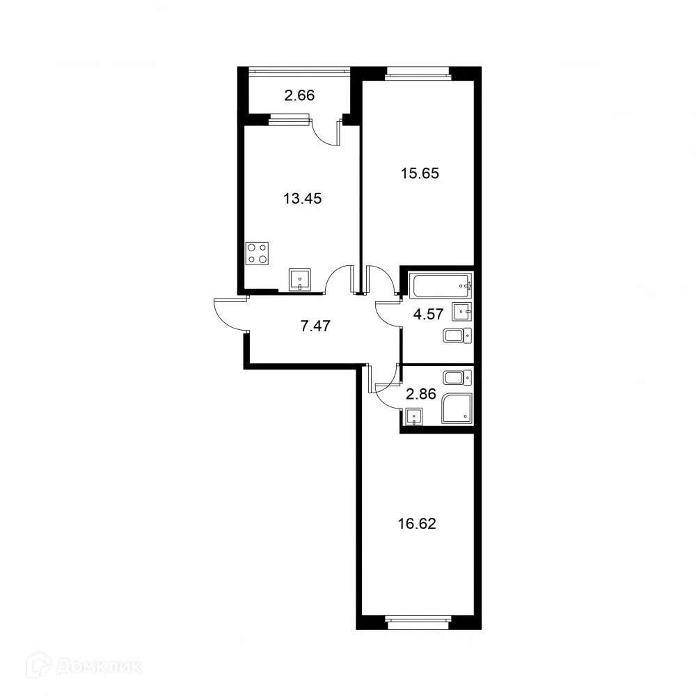 Планировка 2-комнатной квартиры 61.95 м² в ЖК Квартал Заречье, г. Санкт-Петербург — фото 1