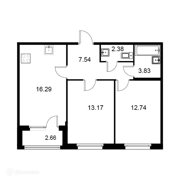 Планировка 2-комнатной квартиры 57.28 м² в ЖК Квартал Заречье, г. Санкт-Петербург — фото 1