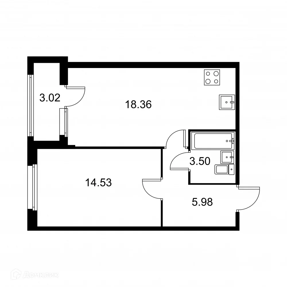 Планировка 1-комнатной квартиры 43.88 м² в ЖК Квартал Заречье, г. Санкт-Петербург — фото 1