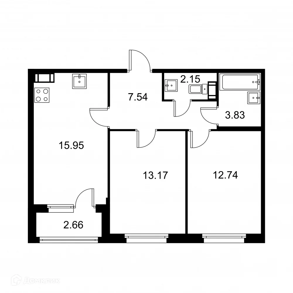 Планировка 2-комнатной квартиры 56.71 м² в ЖК Квартал Заречье, г. Санкт-Петербург — фото 1