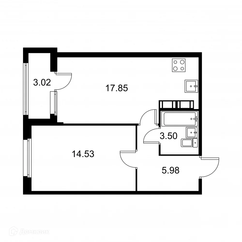 Планировка 1-комнатной квартиры 43.37 м² в ЖК Квартал Заречье, г. Санкт-Петербург — фото 1