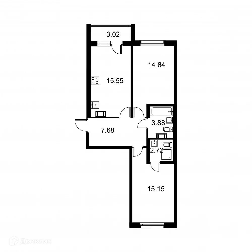 Планировка 2-комнатной квартиры 62.17 м² в ЖК Квартал Заречье, г. Санкт-Петербург — фото 1