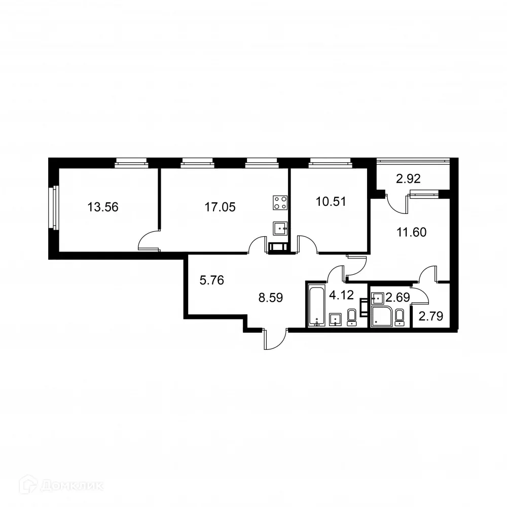 Планировка 3-комнатной квартиры 77.75 м² в ЖК Квартал Заречье, г. Санкт-Петербург — фото 1