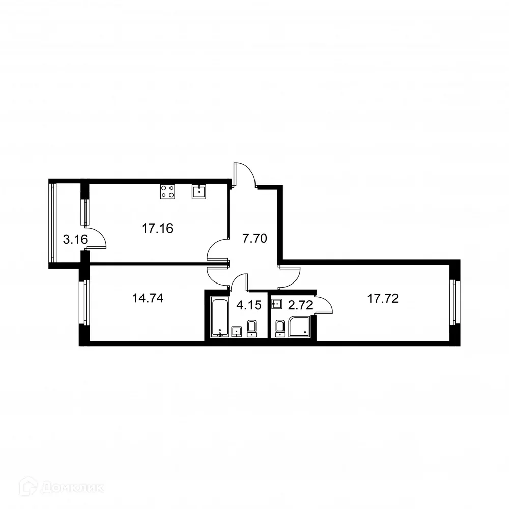 Планировка 2-комнатной квартиры 65.77 м² в ЖК Квартал Заречье, г. Санкт-Петербург — фото 1
