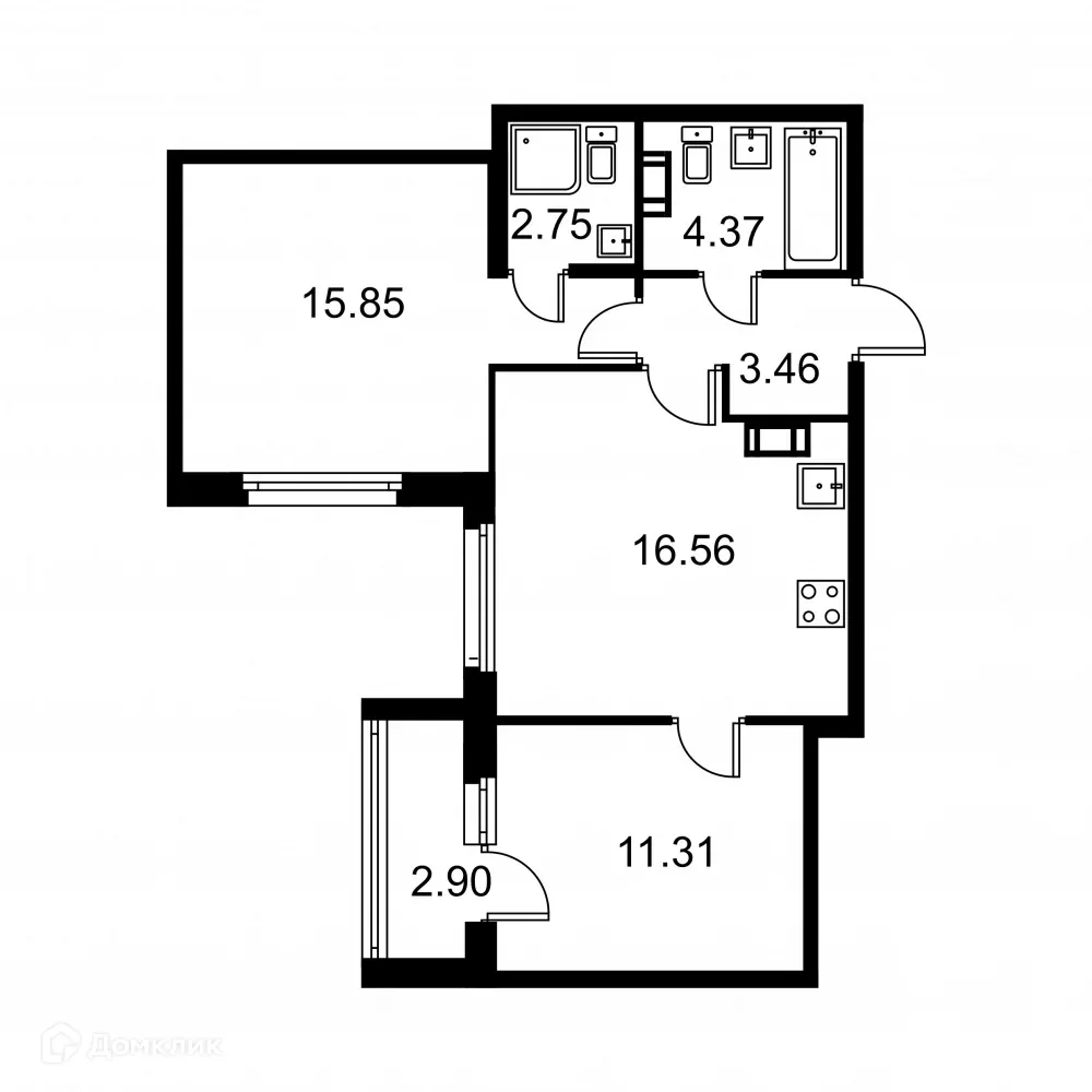 Планировка 2-комнатной квартиры 55.75 м² в ЖК Квартал Заречье, г. Санкт-Петербург — фото 1
