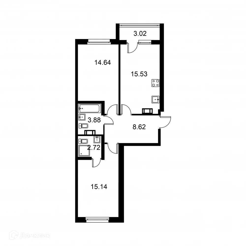 Планировка 2-комнатной квартиры 62.04 м² в ЖК Квартал Заречье, г. Санкт-Петербург — фото 1