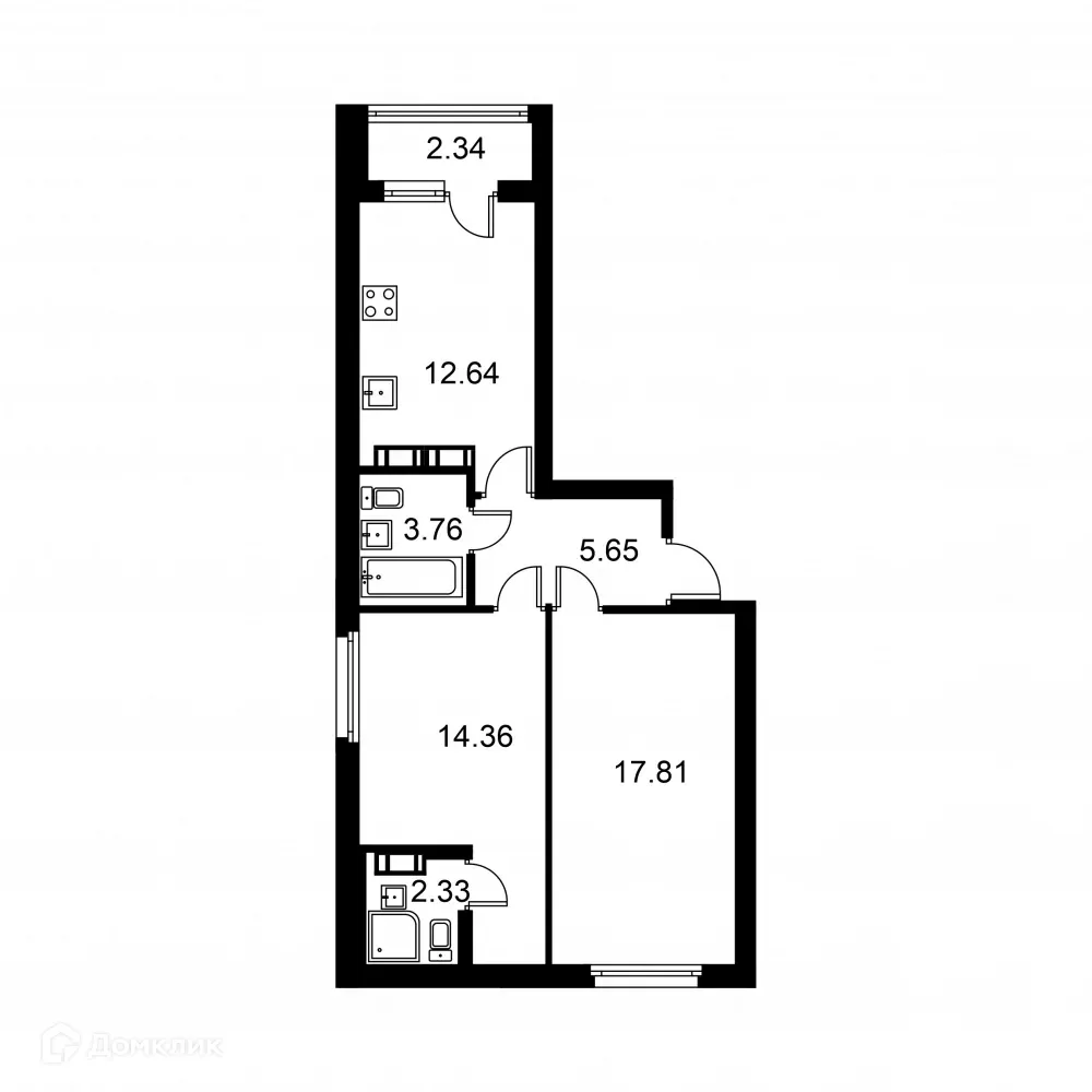 Планировка 2-комнатной квартиры 57.72 м² в ЖК Квартал Заречье, г. Санкт-Петербург — фото 1