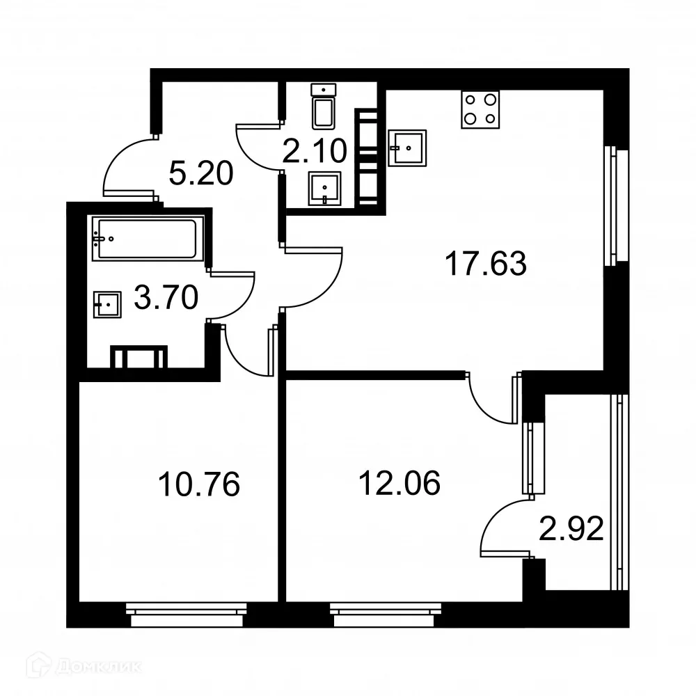 Планировка 2-комнатной квартиры 52.74 м² в ЖК Квартал Заречье, г. Санкт-Петербург — фото 1