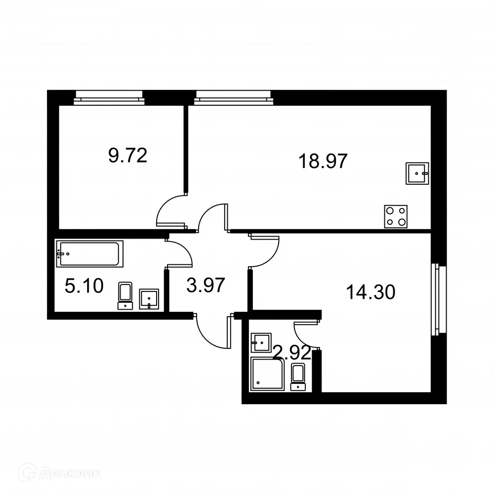 Планировка 2-комнатной квартиры 54.98 м² в ЖК Квартал Заречье, г. Санкт-Петербург — фото 1
