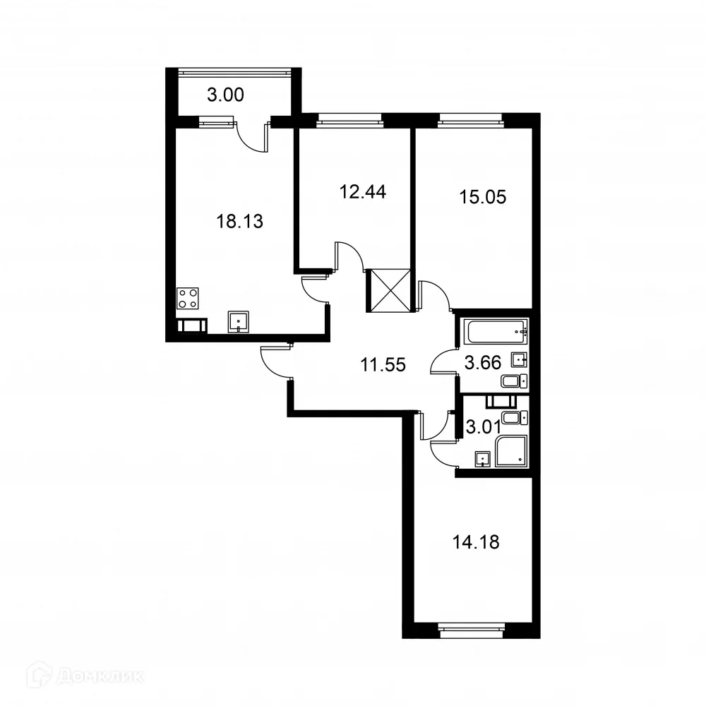 Планировка 3-комнатной квартиры 79.52 м² в ЖК Квартал Заречье, г. Санкт-Петербург — фото 1