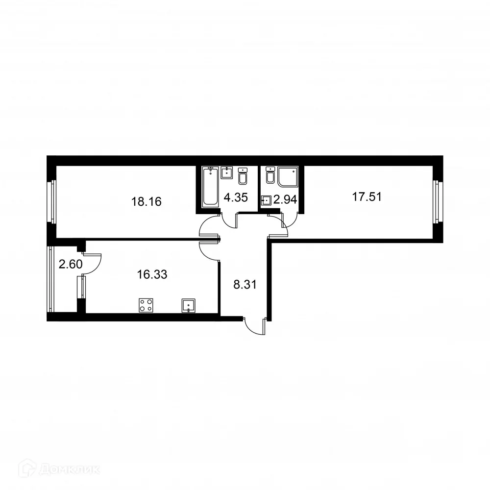 Планировка 2-комнатной квартиры 68.9 м² в ЖК Квартал Заречье, г. Санкт-Петербург — фото 1