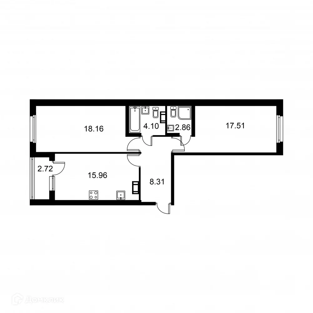 Планировка 2-комнатной квартиры 68.26 м² в ЖК Квартал Заречье, г. Санкт-Петербург — фото 1