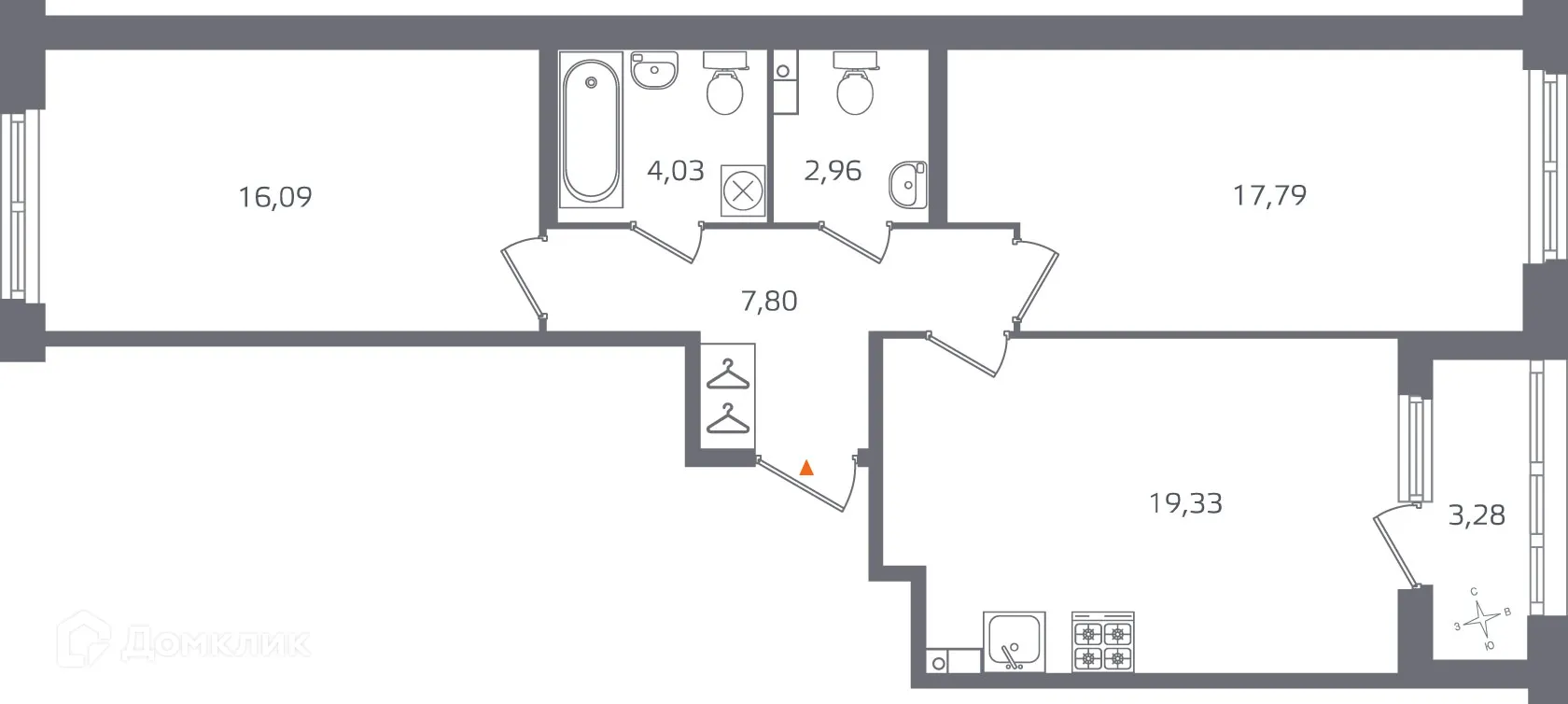 Планировка 2-комнатной квартиры 69.64 м² в ЖК Квартал бизнес-класса Б15, г. Санкт-Петербург — фото 6