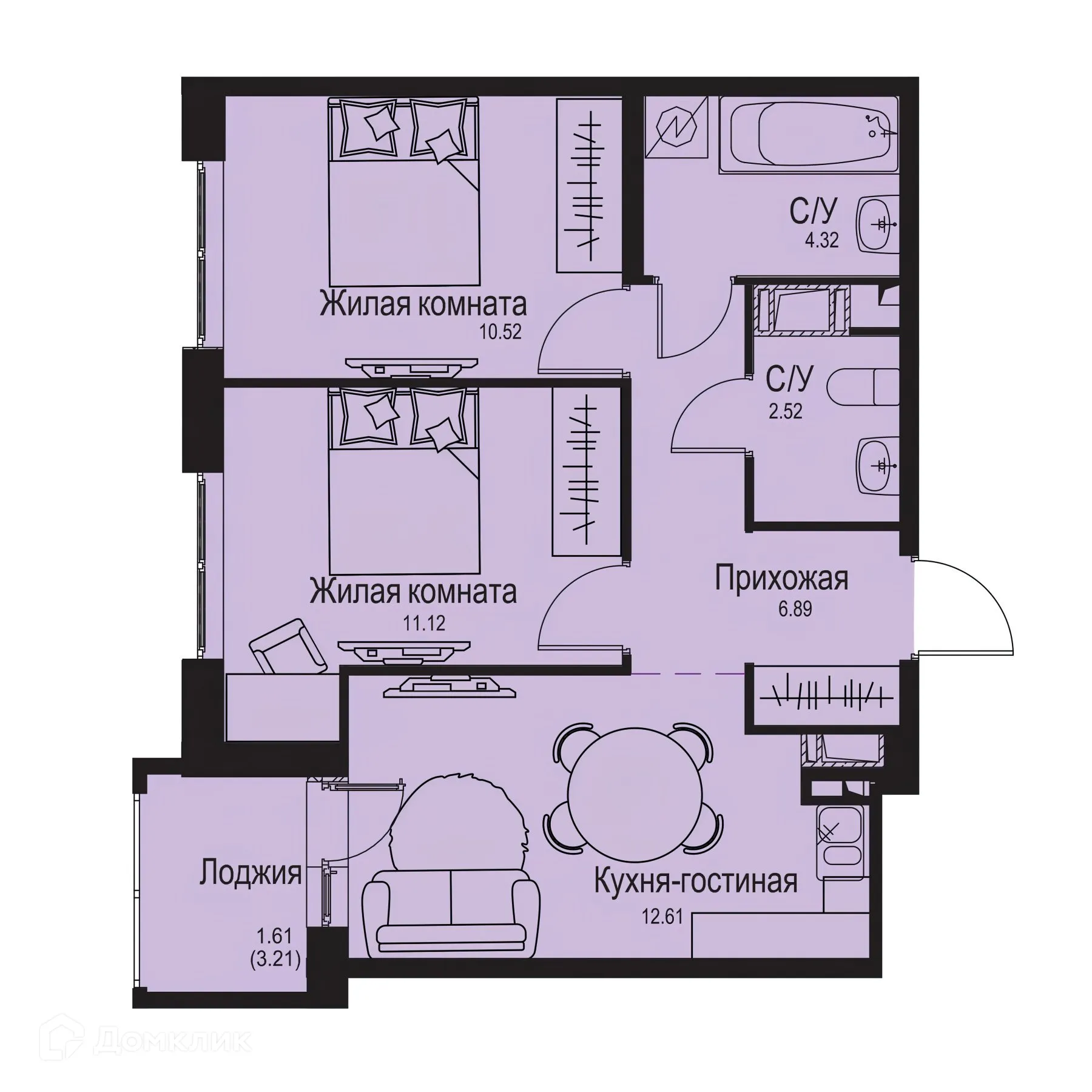 Планировка 2-комнатной квартиры 49.59 м² в ЖК ID Kudrovo II (Айди Кудрово II), г. Санкт-Петербург — фото 1