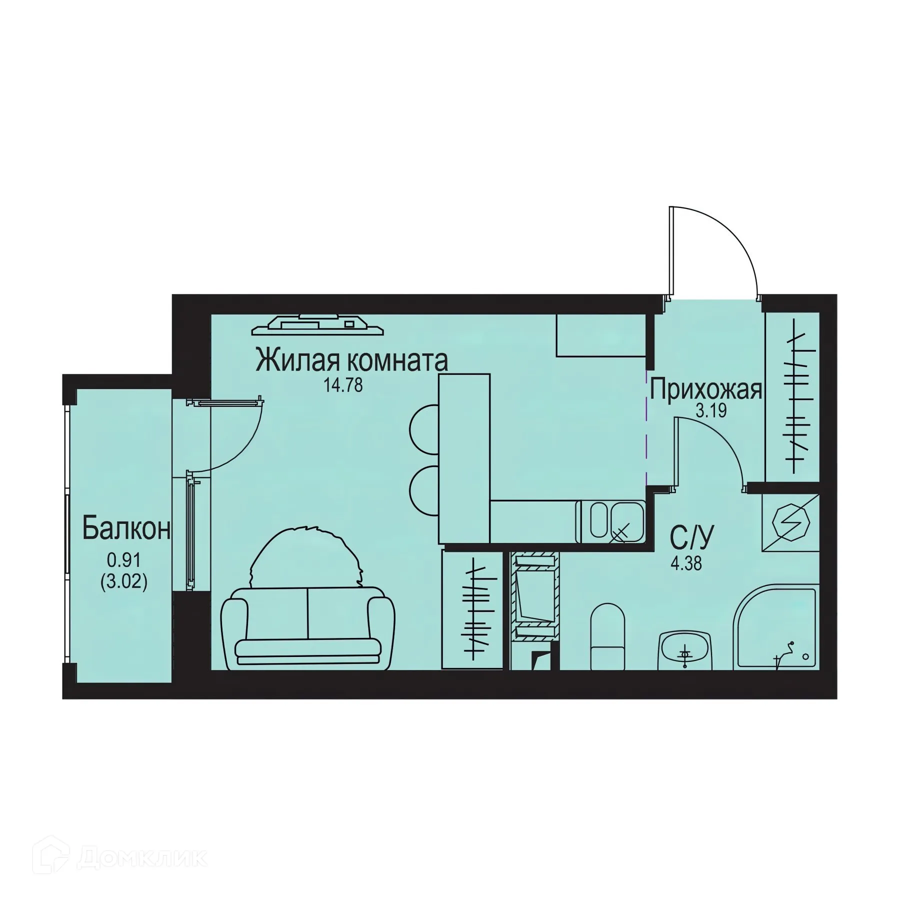 Планировка студии квартиры 23.26 м² в ЖК ID Kudrovo II (Айди Кудрово II), г. Санкт-Петербург — фото 1