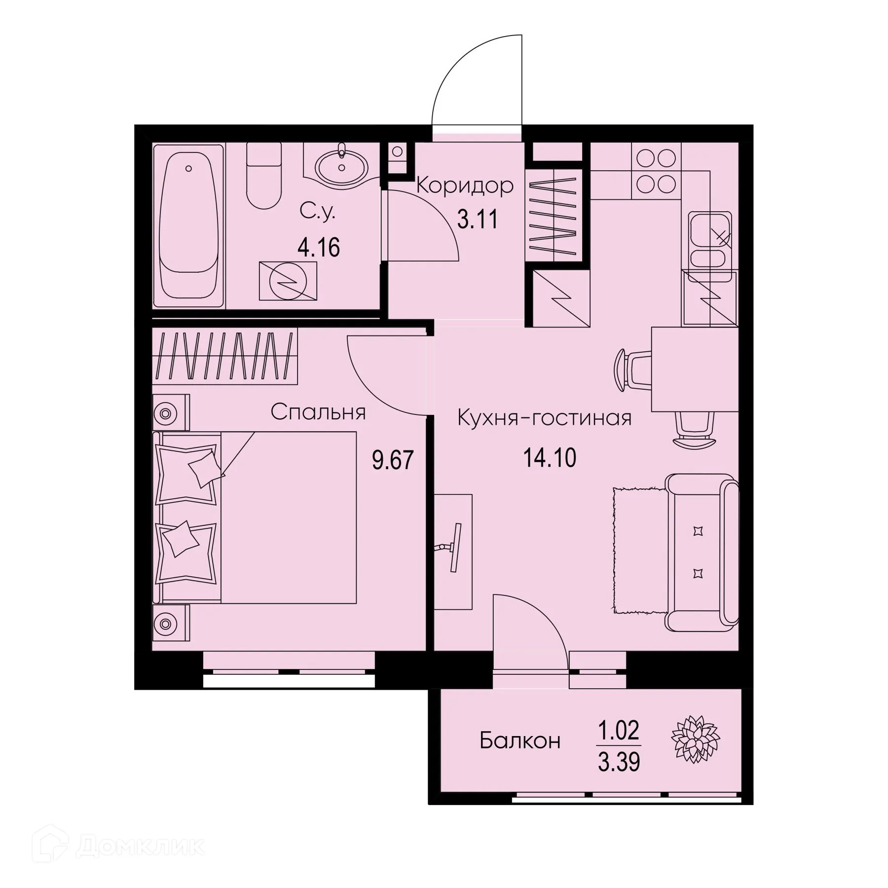 Планировка 1-комнатной квартиры 32.06 м² в ЖК ID Kudrovo II (Айди Кудрово II), г. Санкт-Петербург — фото 1