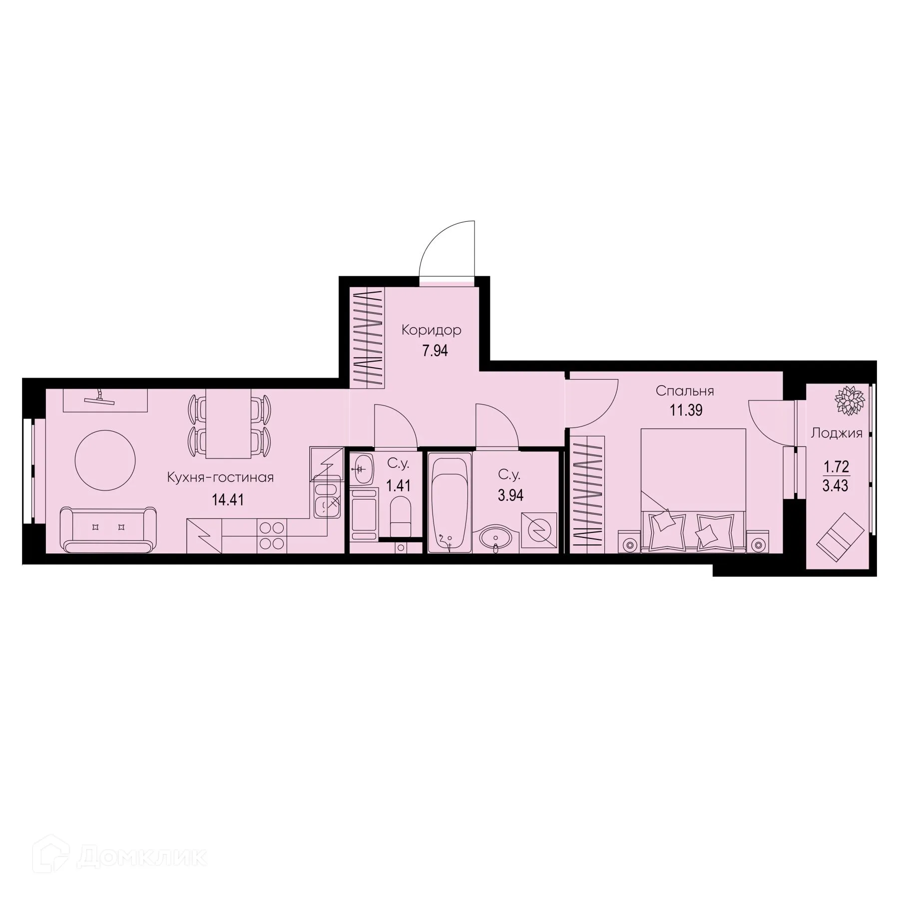 Планировка 1-комнатной квартиры 40.81 м² в ЖК ID Kudrovo II (Айди Кудрово II), г. Санкт-Петербург — фото 1