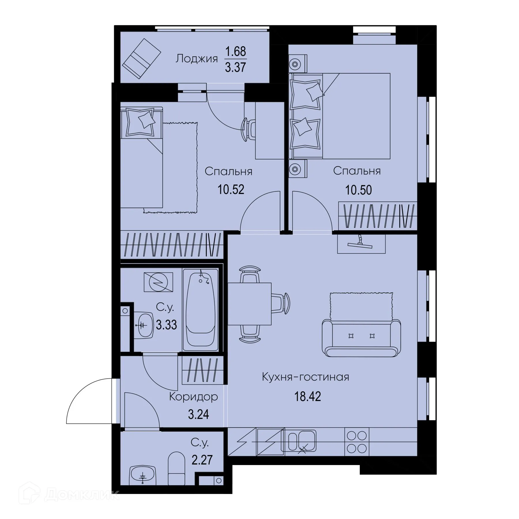 Планировка 2-комнатной квартиры 49.96 м² в ЖК ID Kudrovo II (Айди Кудрово II), г. Санкт-Петербург — фото 1
