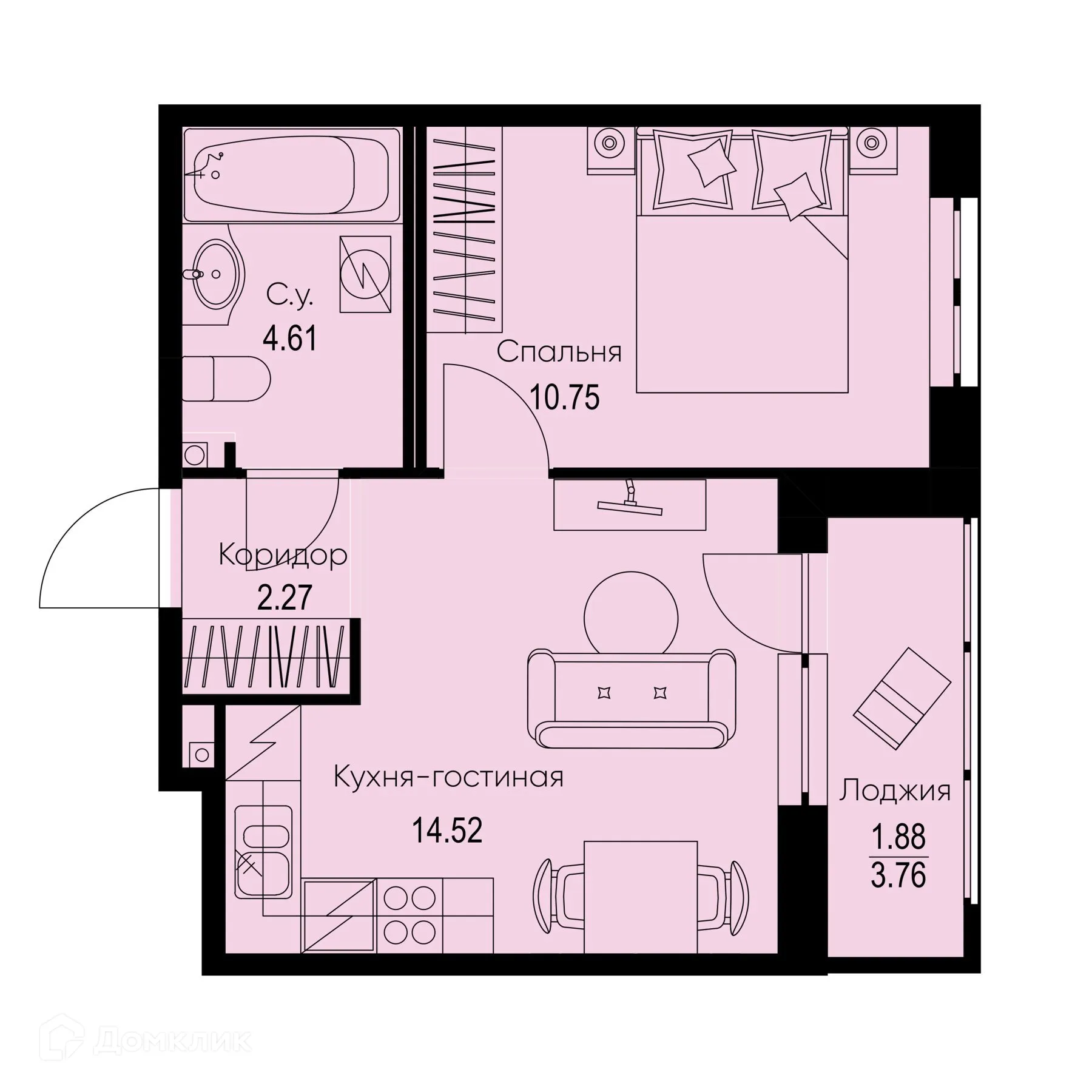 Планировка 1-комнатной квартиры 34.03 м² в ЖК ID Kudrovo II (Айди Кудрово II), г. Санкт-Петербург — фото 1