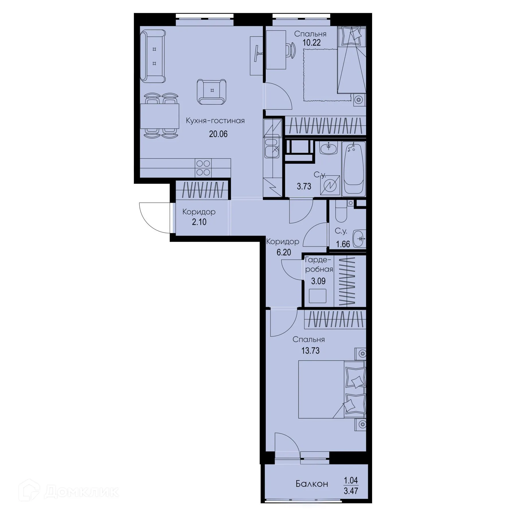 Планировка 2-комнатной квартиры 61.83 м² в ЖК ID Kudrovo II (Айди Кудрово II), г. Санкт-Петербург — фото 1
