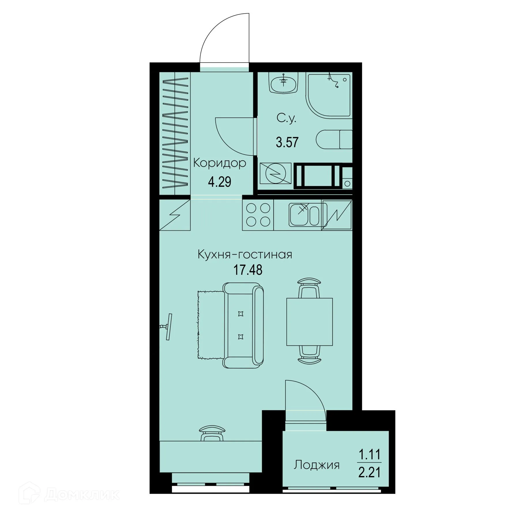 Планировка студии квартиры 26.45 м² в ЖК ID Kudrovo II (Айди Кудрово II), г. Санкт-Петербург — фото 1