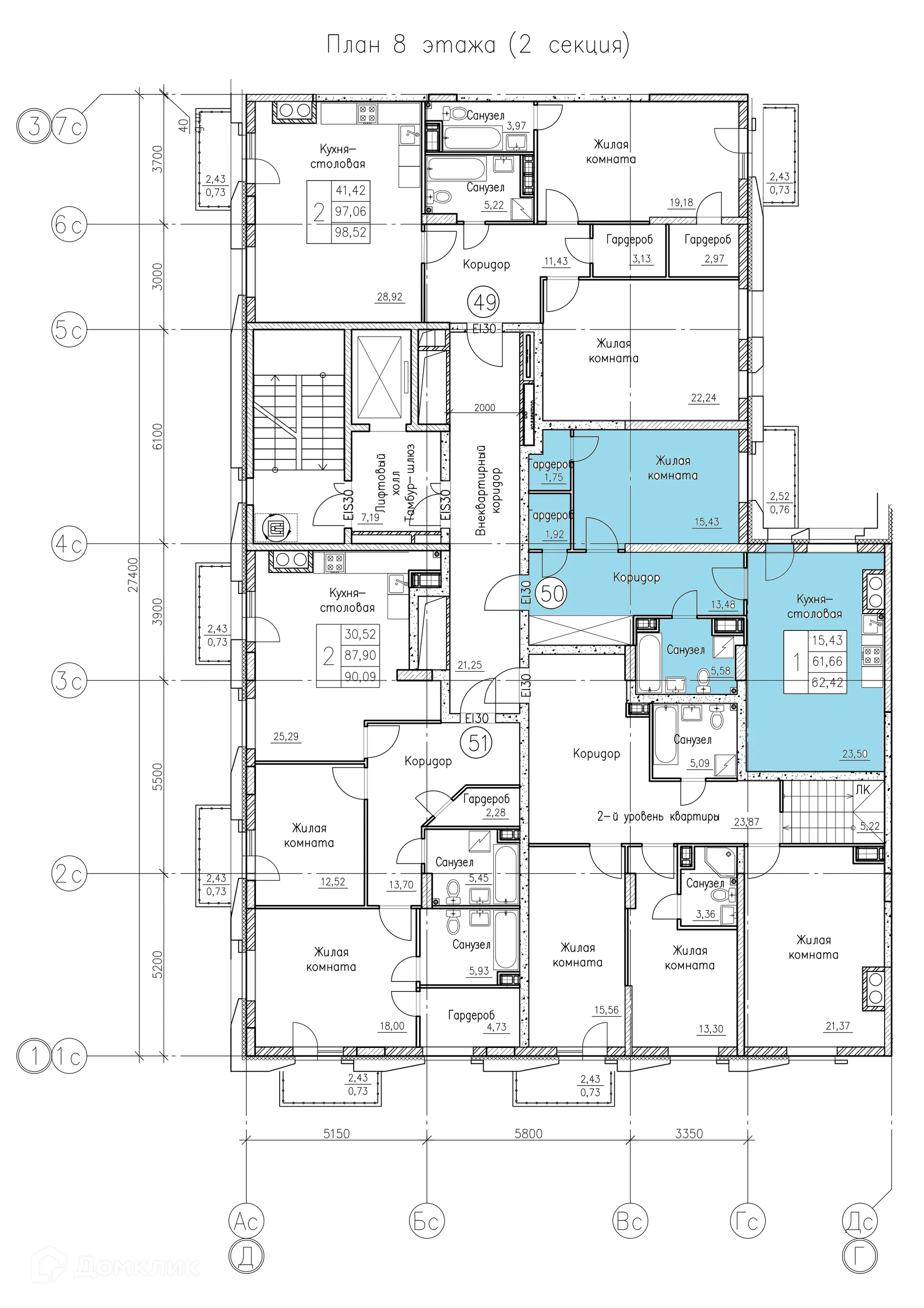 Планировка 1-комнатной квартиры 62.42 м² в ЖК К15, г. Воронеж — фото 1