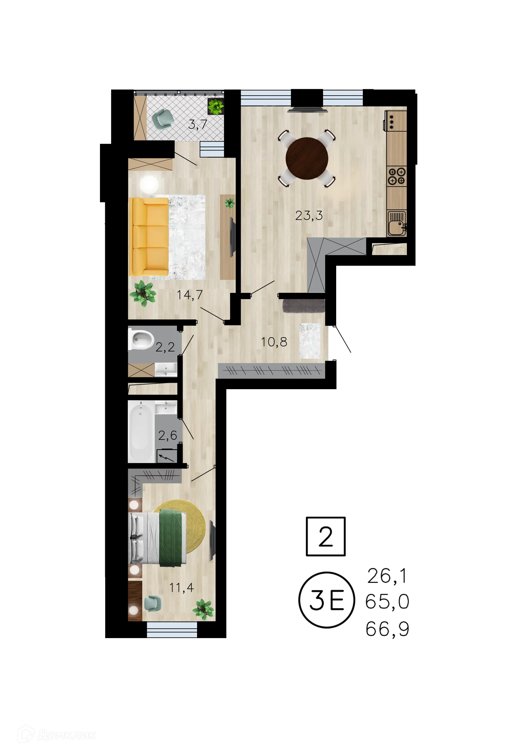 Планировка 3-комнатной квартиры 66.9 м² в ЖК Лето, г. Воронеж — фото 1
